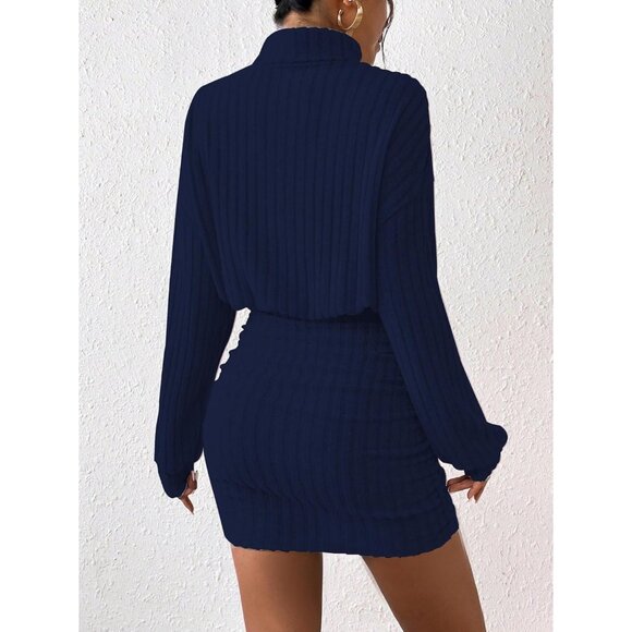 Women Ribbed Knit Sweater Dark Blue Dress Lantern Sleeve Turtleneck Mini Bodycon - Picture 3 of 5